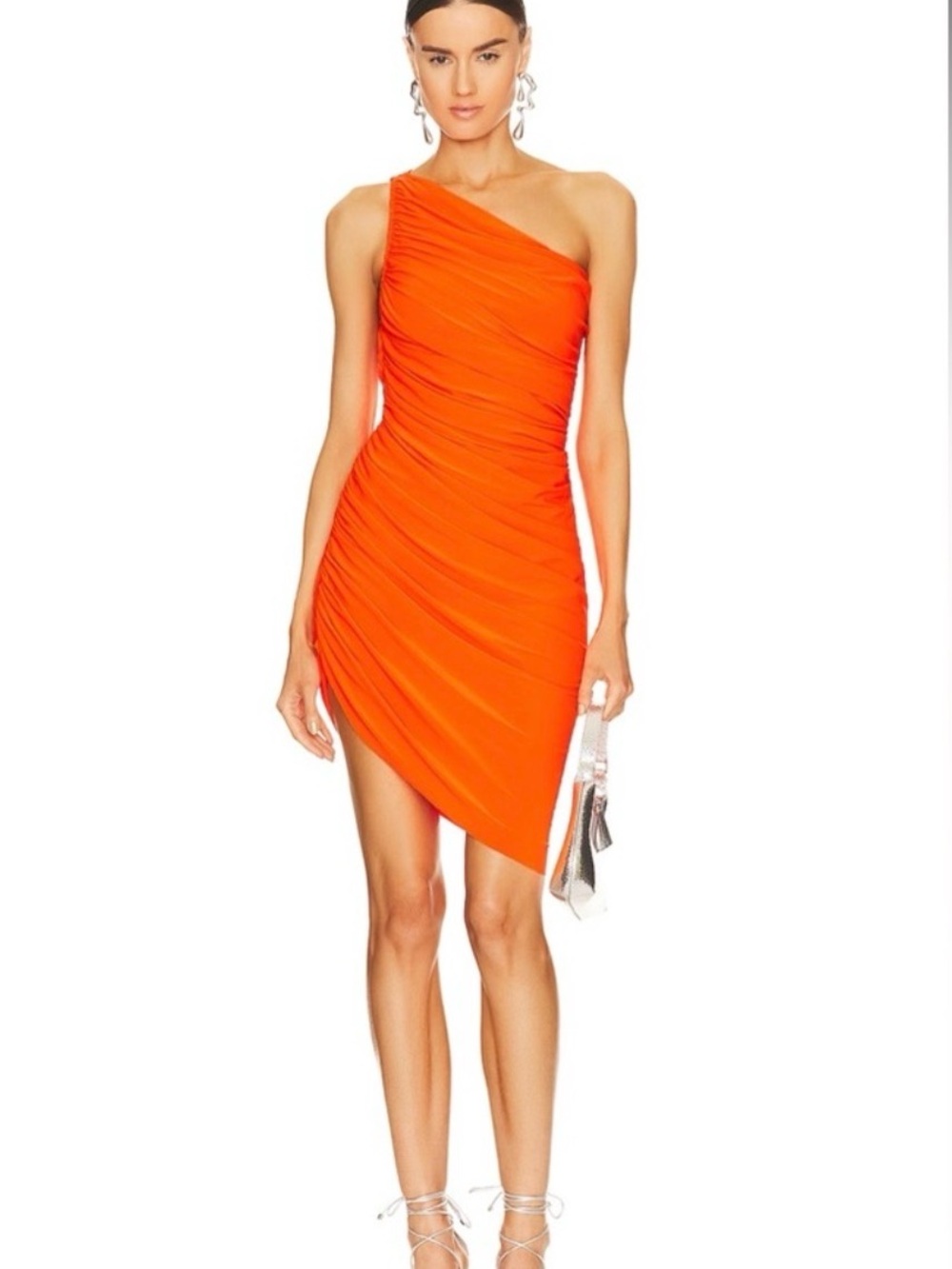 Norma Kamali One-Shoulder Bright Orange Ruched Mini Dress